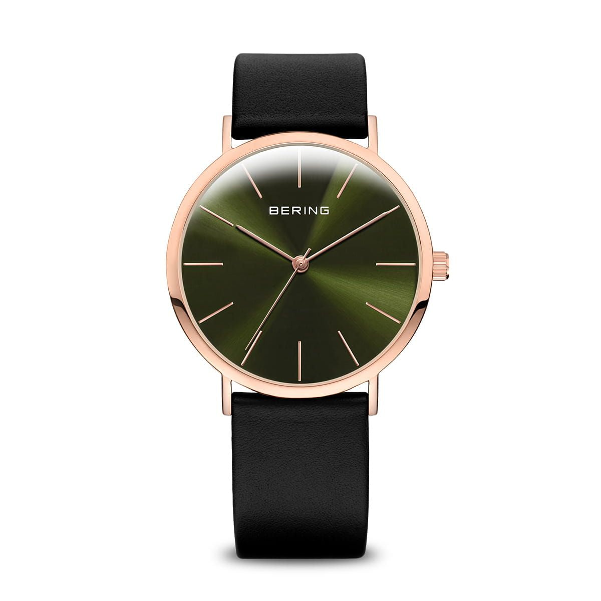 Bering 13436-469 watch for man with a green dial and leather strap.