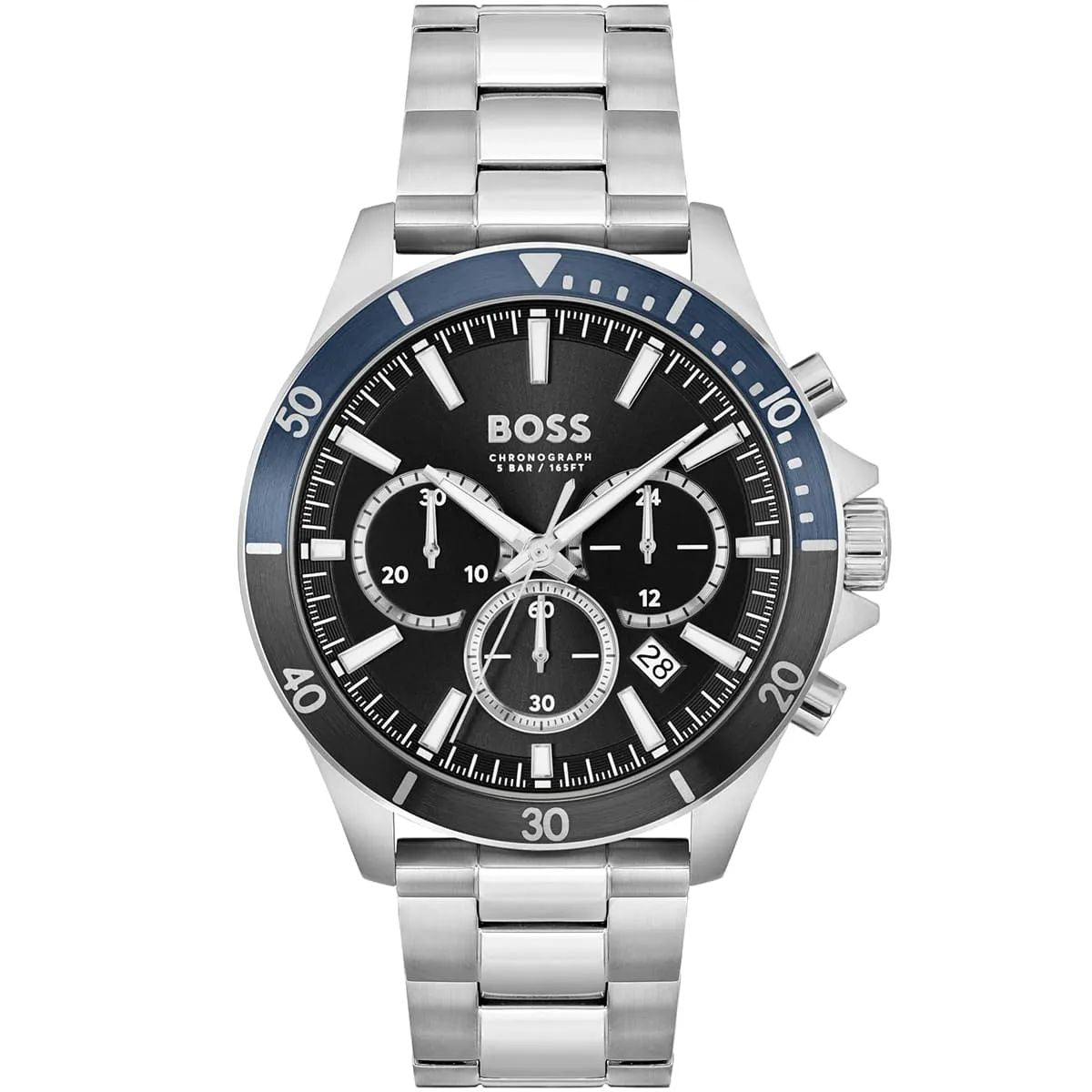 Boss 1514101 watch for man with a black dial and stainless steel strap.