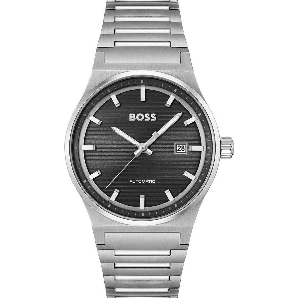 Boss 1514117 watch for man with a black dial and stainless steel strap.