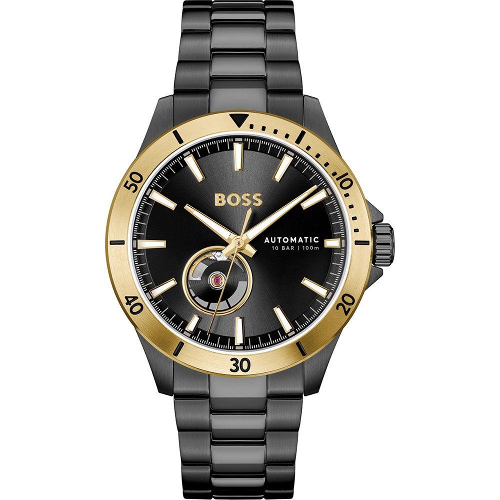 Boss 1514203 watch for man with a black dial and stainless steel strap.
