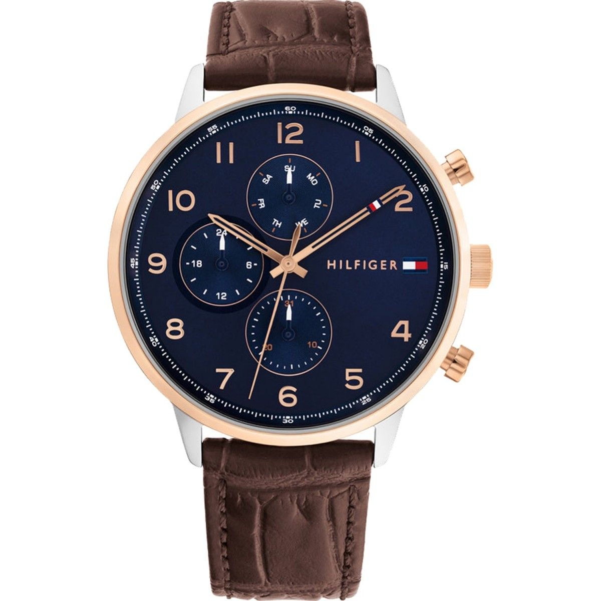 Tommy Hilfiger 1791987 watch for man with a blue dial and leather strap.