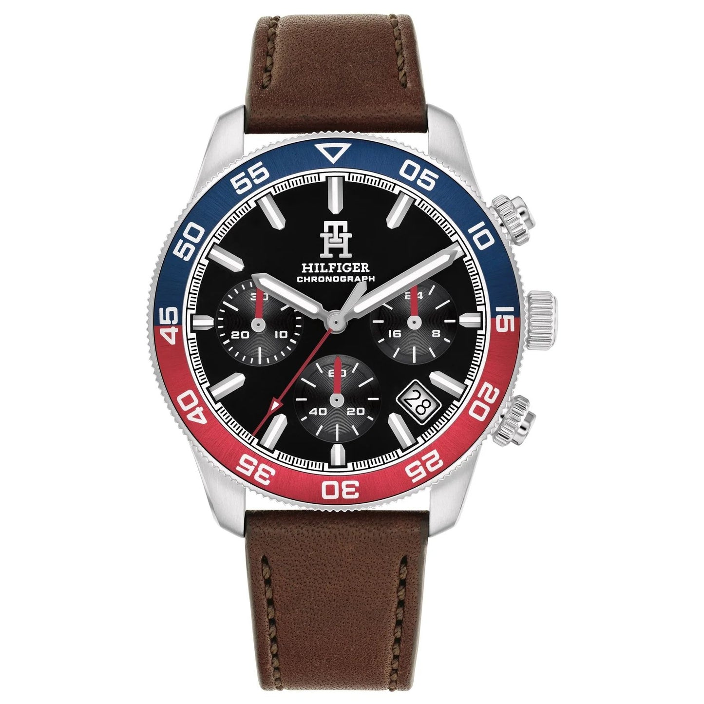Tommy Hilfiger 1792166 watch for man with a black dial and leather strap.