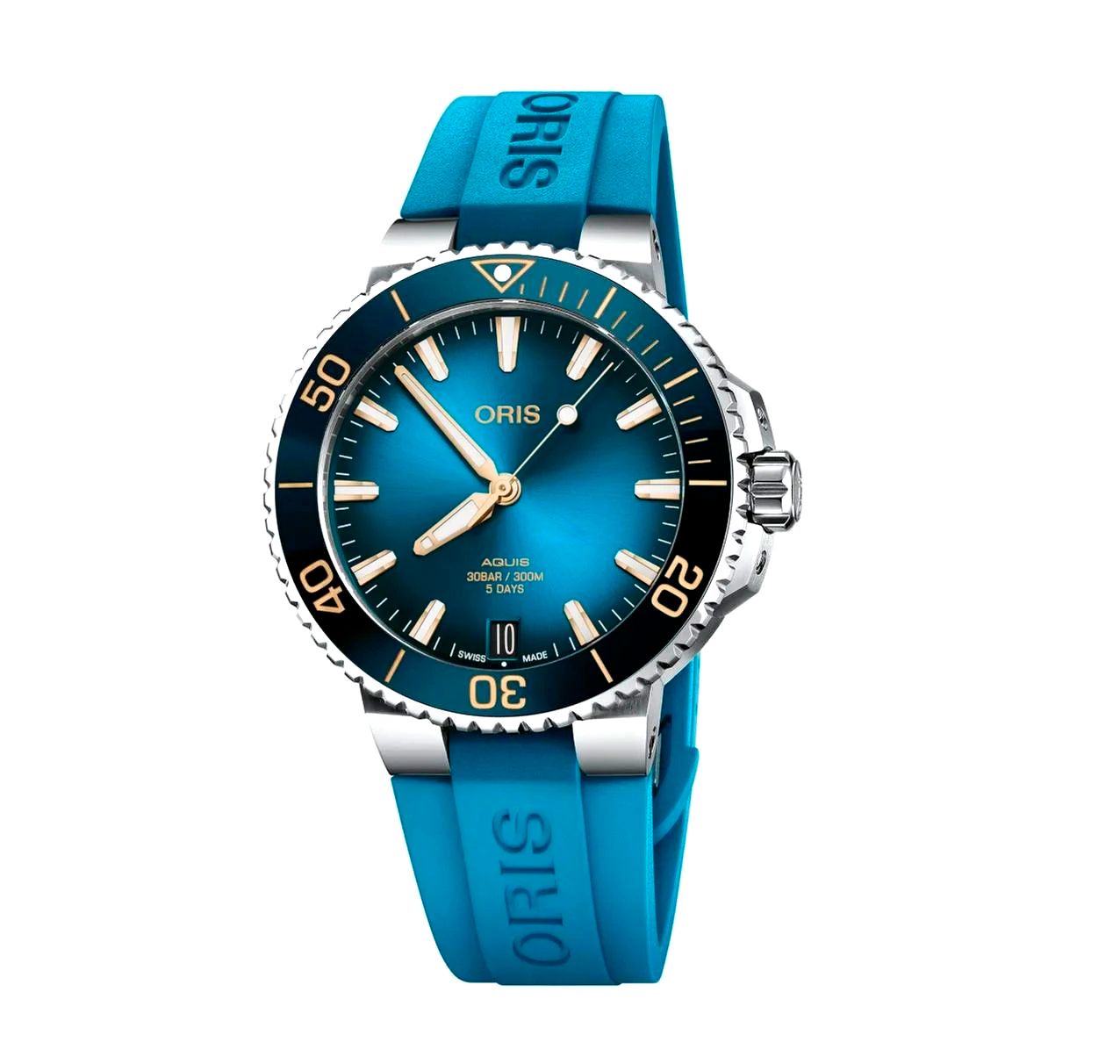 Oris 4125-07-4-22-75FC watch for man with a blue dial and rubber strap.
