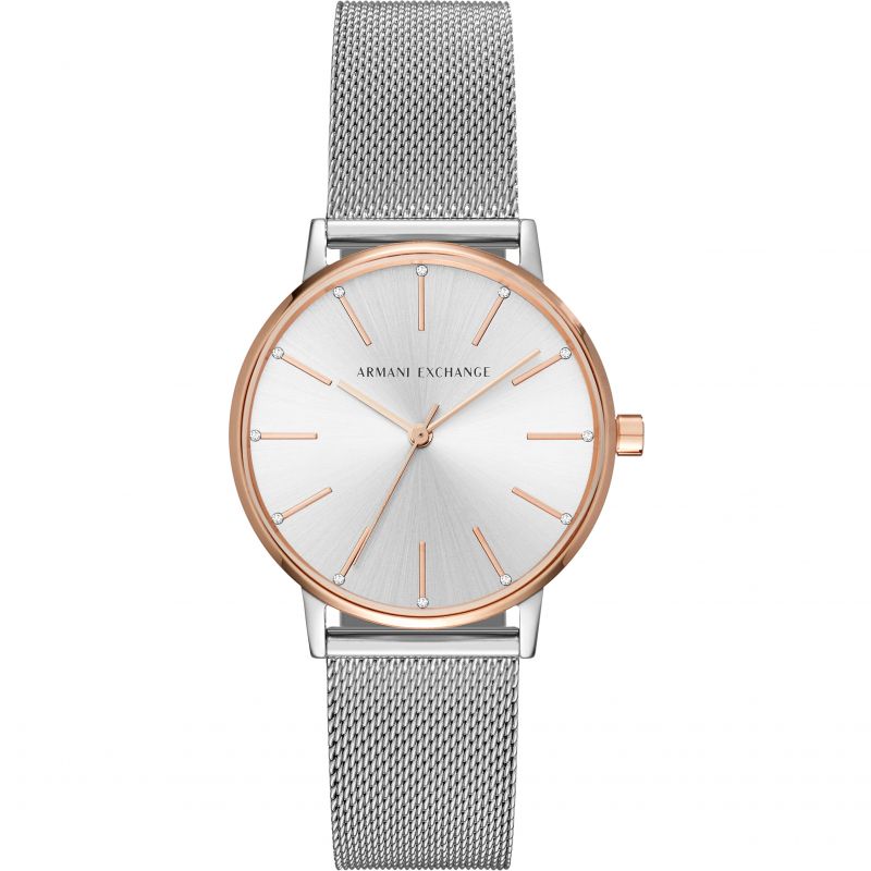 Armani Exchange AX5537 watch for women with a silver dial and stainless steel strap.