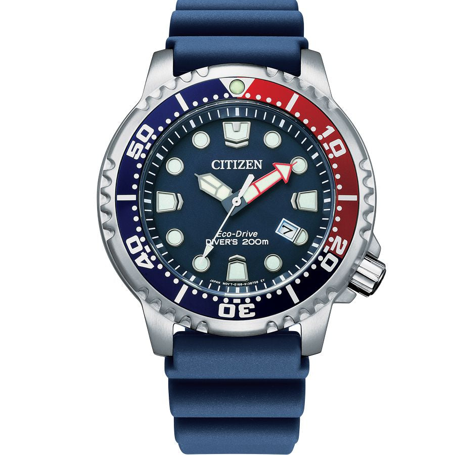 Citizen BN0168-06L watch for man with a blue dial and rubber strap.