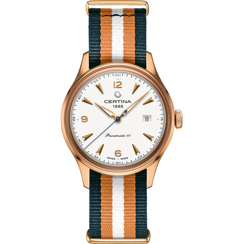 Certina C0384073803700 watch for man with a white dial and fabric strap.