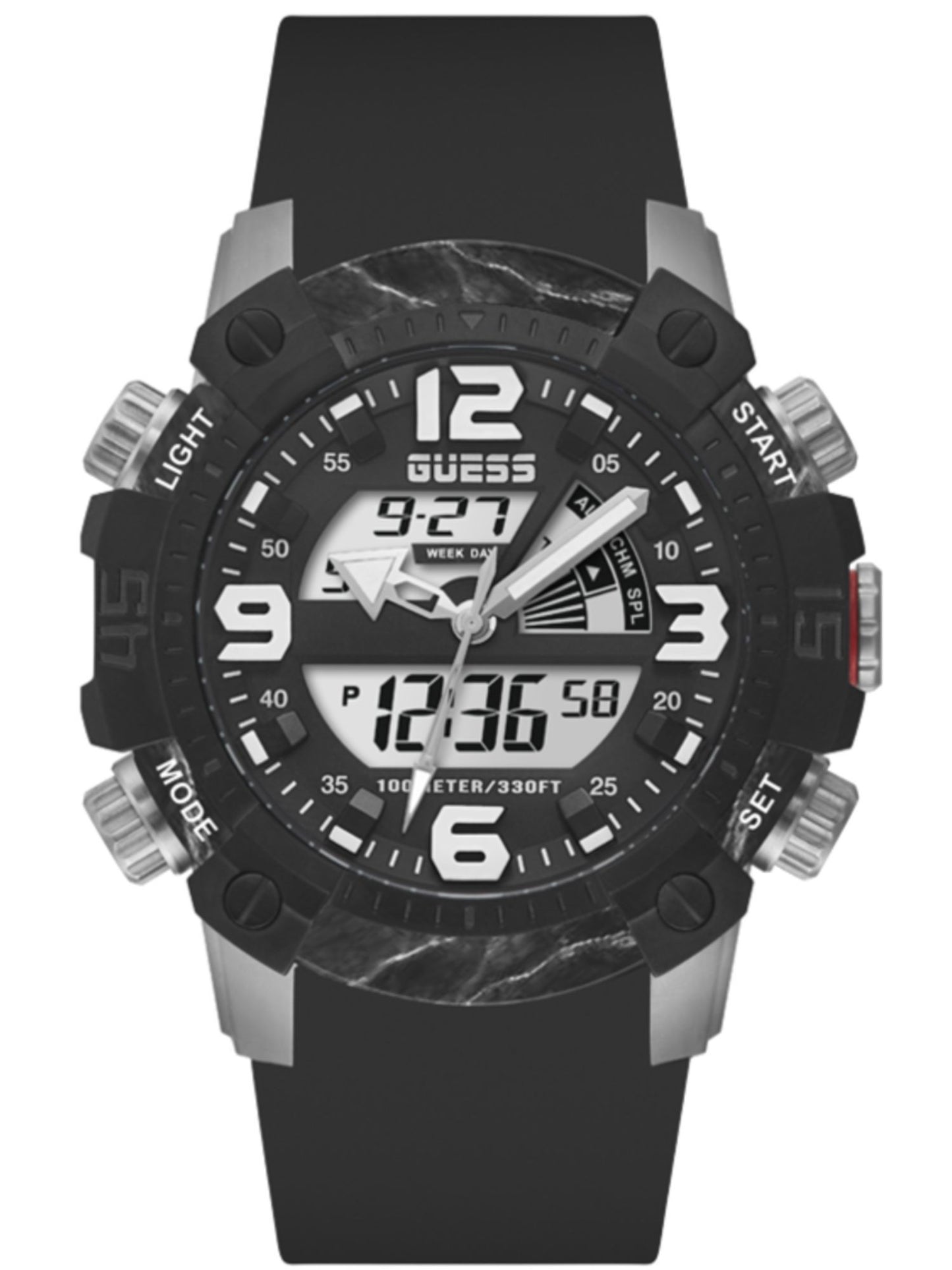 Guess GW0421G1 watch for man with a black dial and silicone strap.