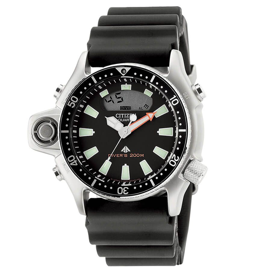 Citizen JP2000-08E watch for man with a black dial and rubber strap.