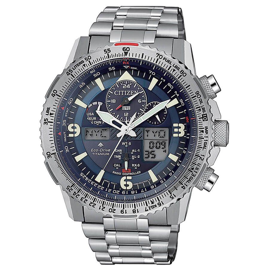 Citizen JY8100-80L watch for man with a blue dial and titanium strap.