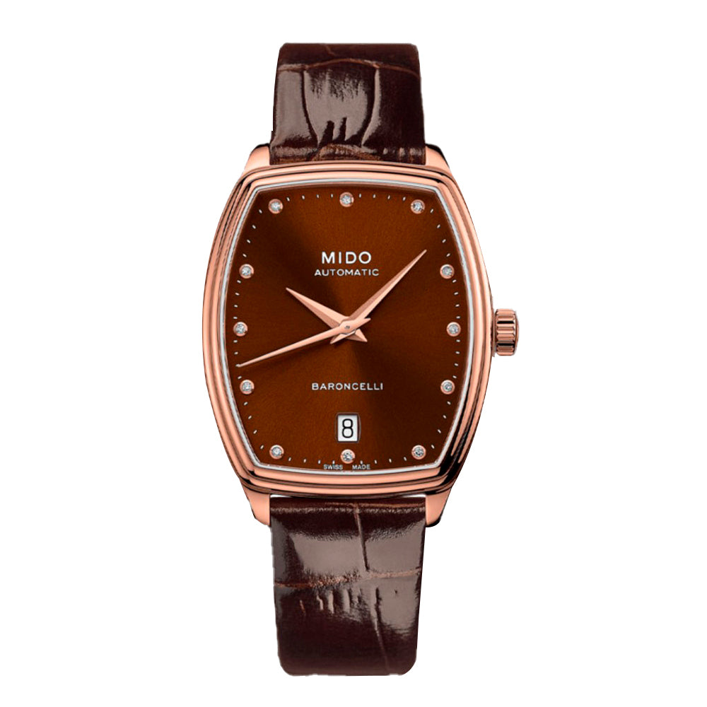 Mido M0413073629600 watch for woman with a brown dial and leather strap.