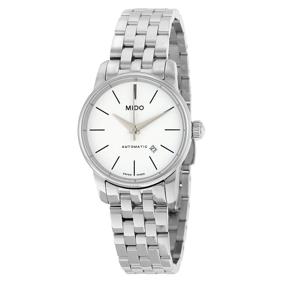 Mido M76004761 watch for woman with a white dial and stainless steel strap.