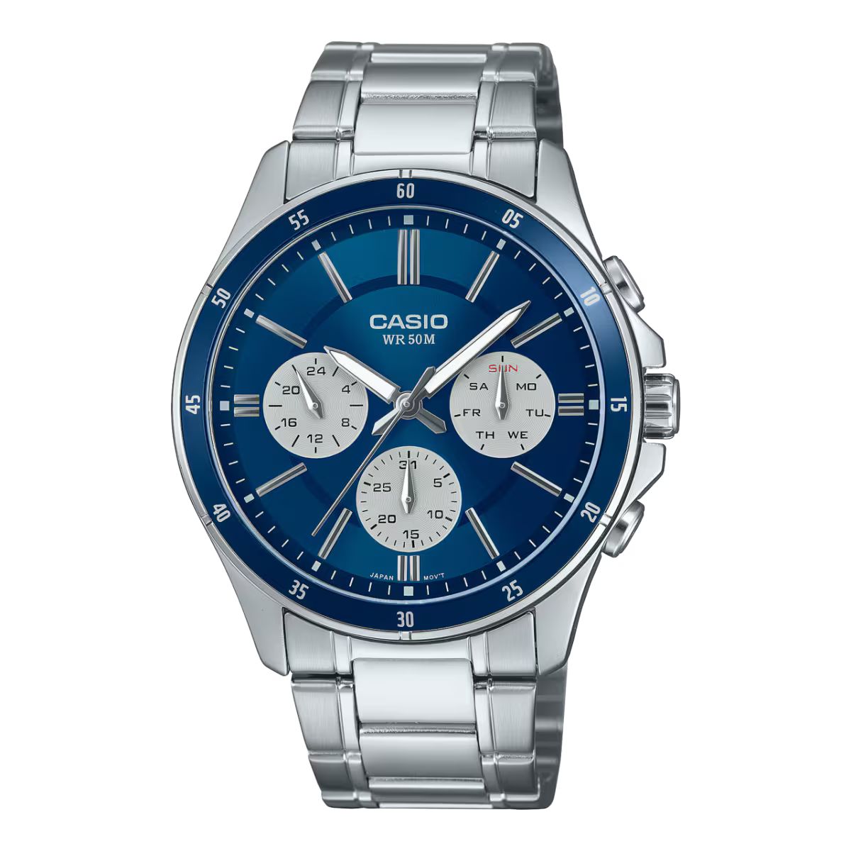 Casio MTP-1374D-2A3VDF watch for man with a blue dial and stainless steel strap.