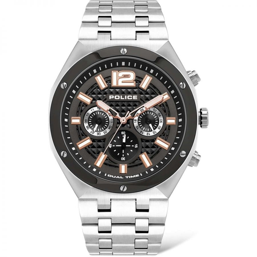 Police PL.15995JSTU-61M watch for man with a black dial and stainless steel strap.