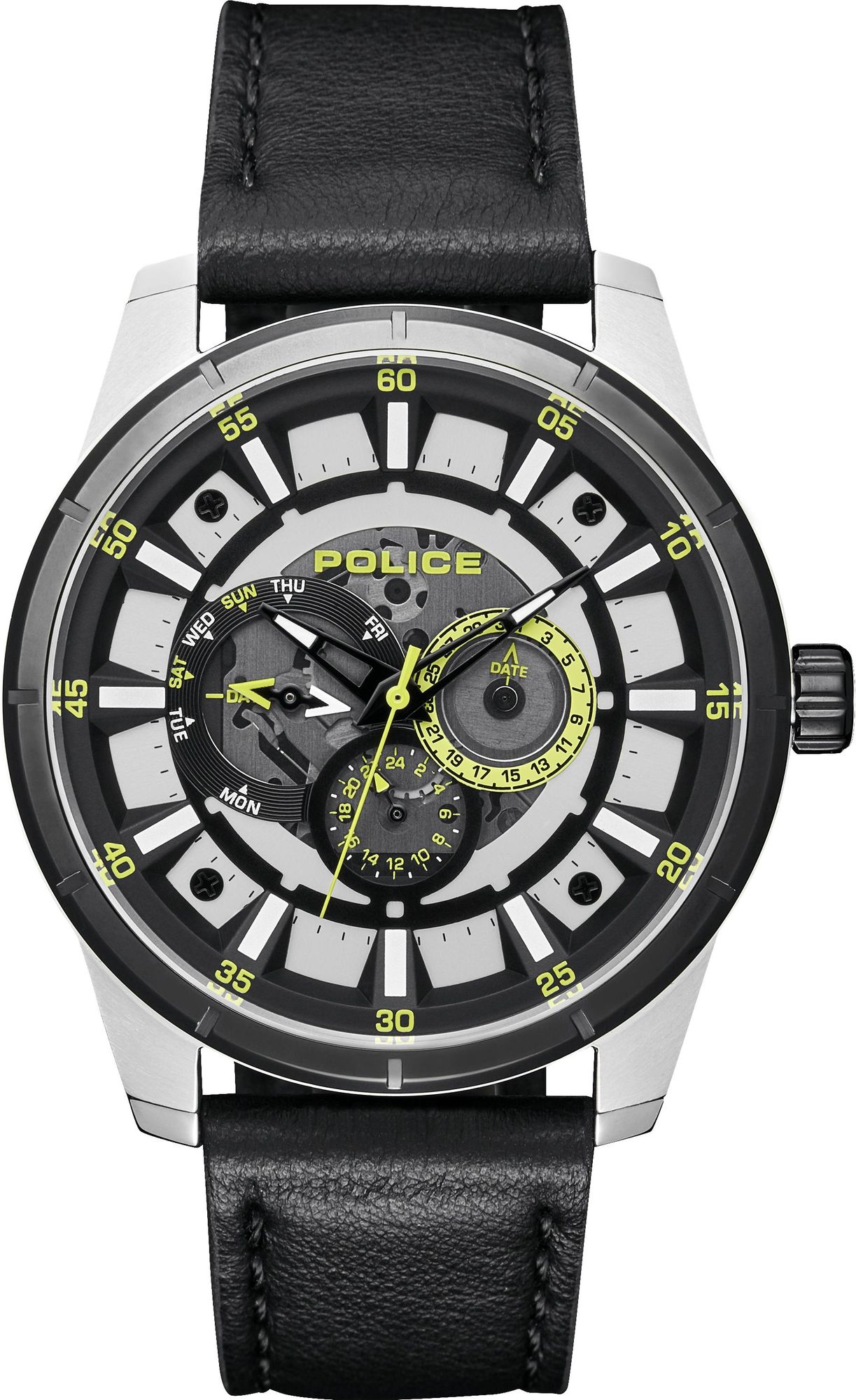 Police PL15410JSTB.04 watch for man with a black dial and leather strap.