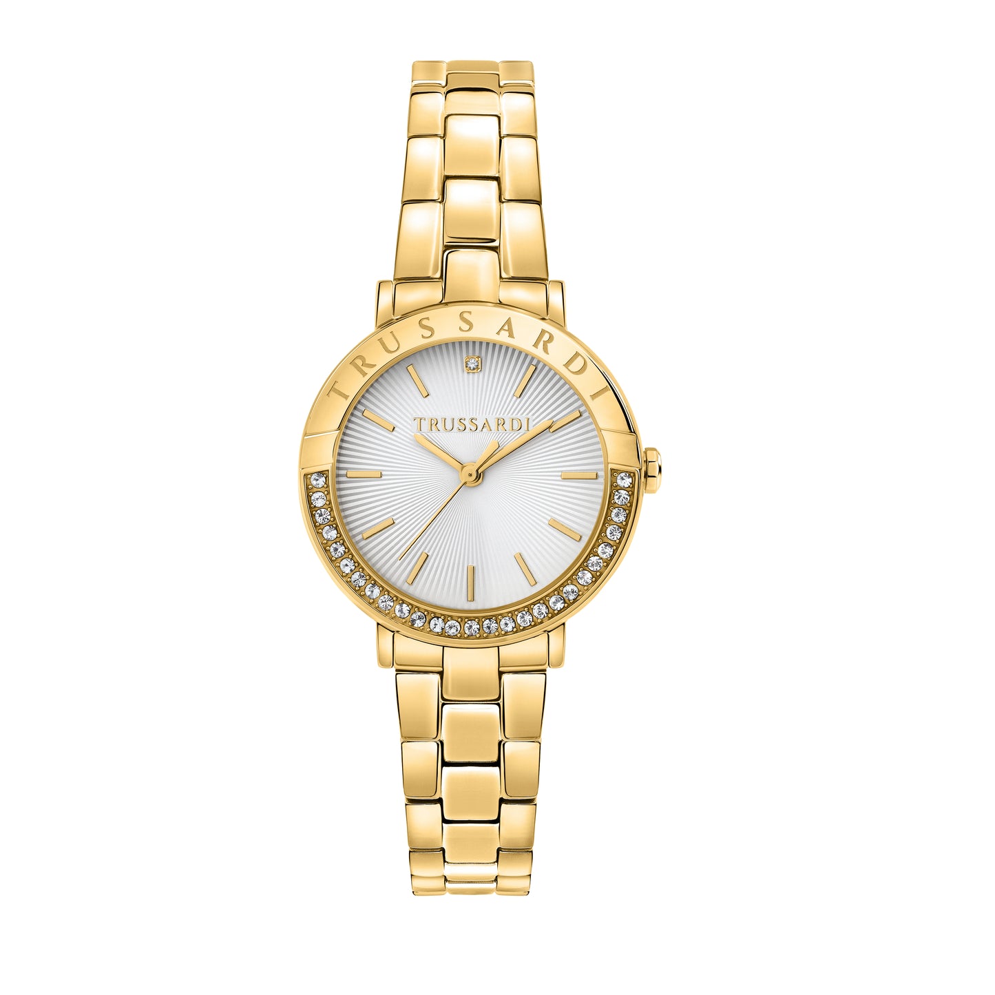 Trussardi R2453125503 watch for women with a white guilloche dial and metal strap.