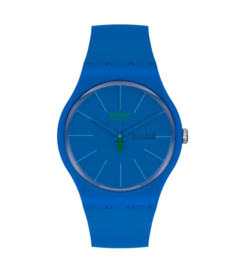 Swatch SO29N700 watch for man with a blue dial and plastic strap.