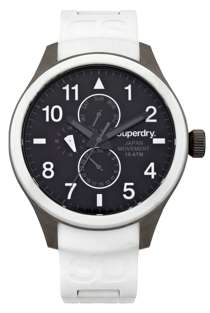 Superdry SYG110W watch for man with a black dial and silicone strap.