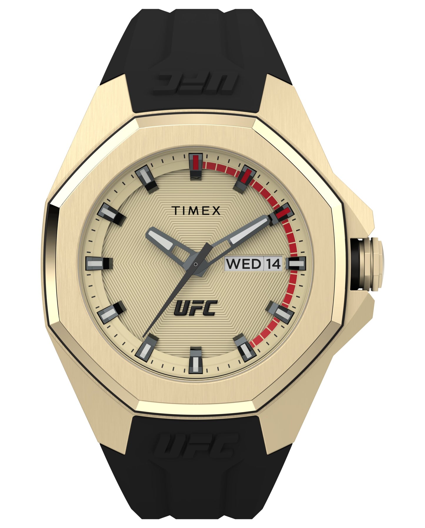 Timex TW2V57100 watch for man with a golden dial and silicone strap.