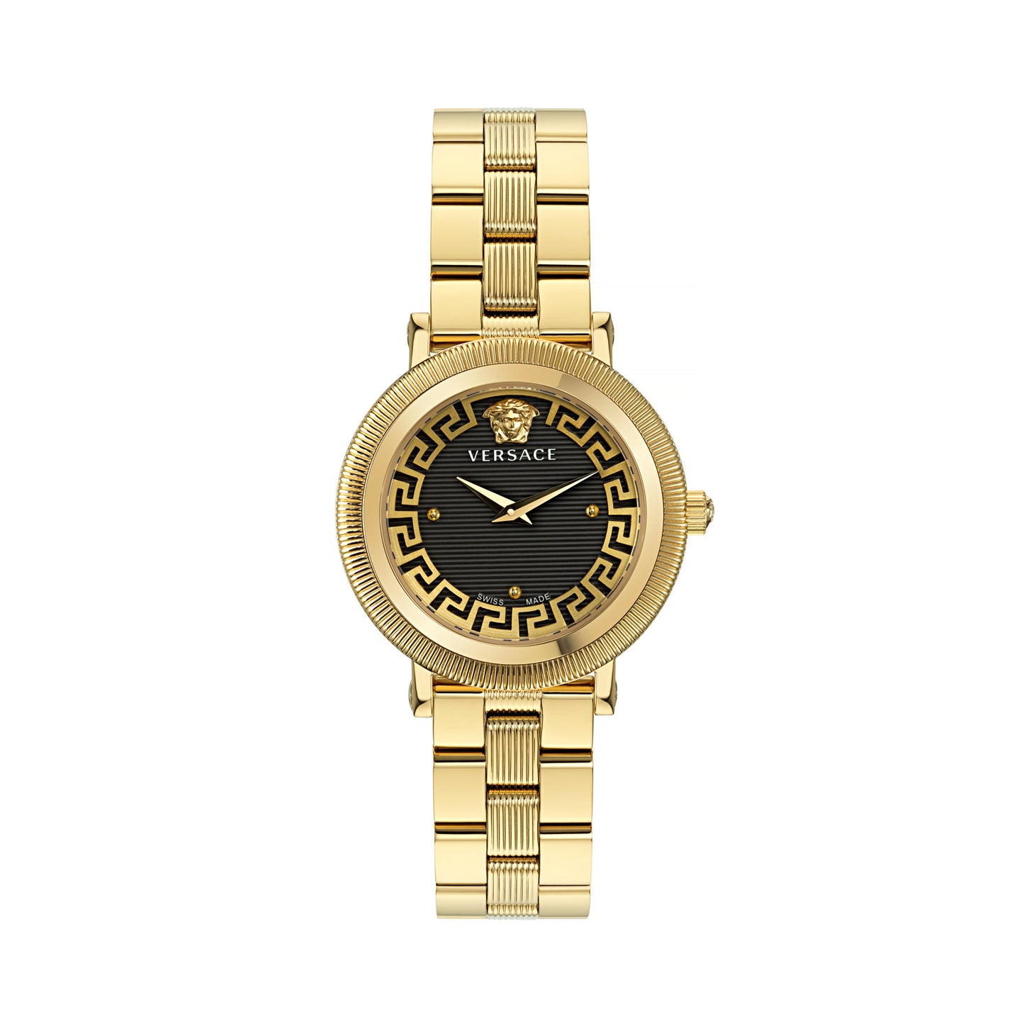 Versace VE7F00623 watch for women with a black dial and stainless steel strap.