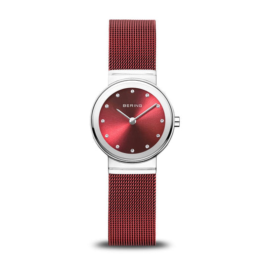 Bering 10126-303 watch for women with a red dial and steel strap.