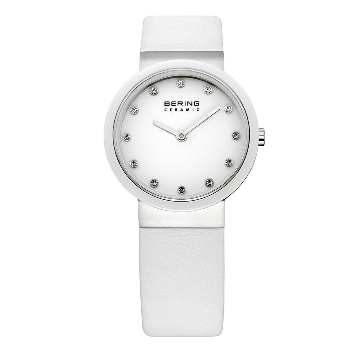 Bering 10729-854 watch for woman with a white dial and fur strap.