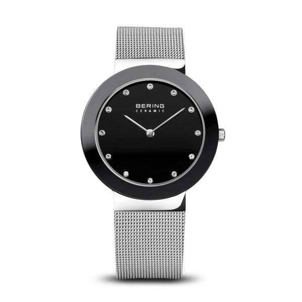 Bering 11435-002 watch for woman with a black dial and steel strap.
