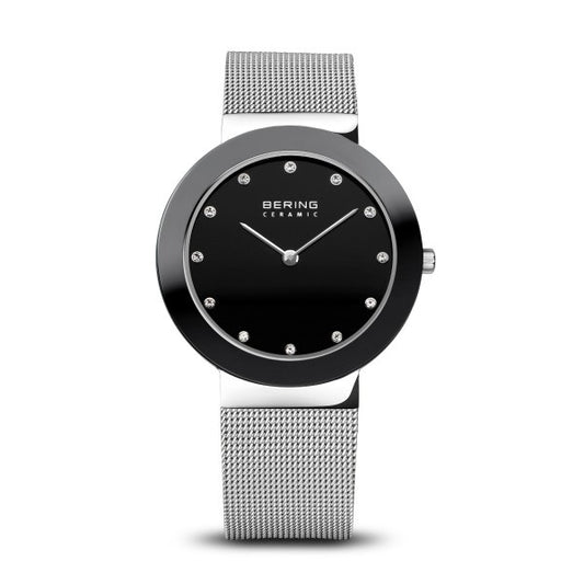 Bering 11435-002 watch for woman with a black dial and steel strap.