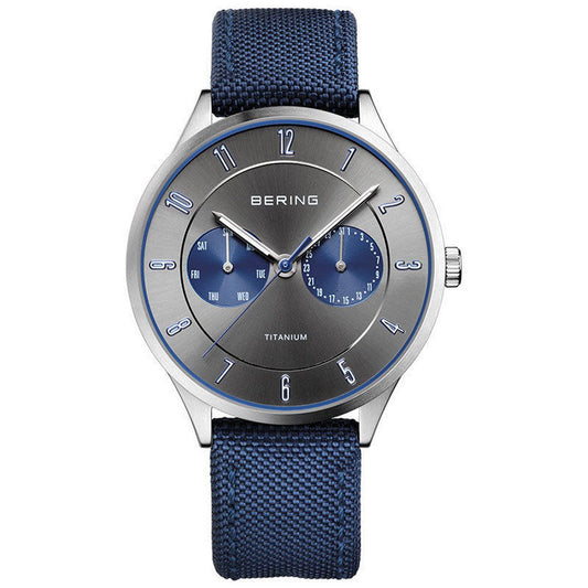 Bering 11539-873 watch for man with a grey dial and fabric strap.