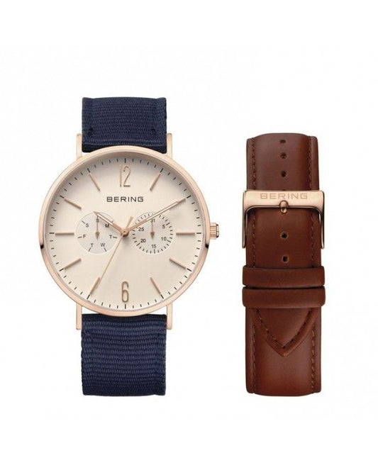 Bering 14240-864 watch for man with a beige dial and fabric strap.