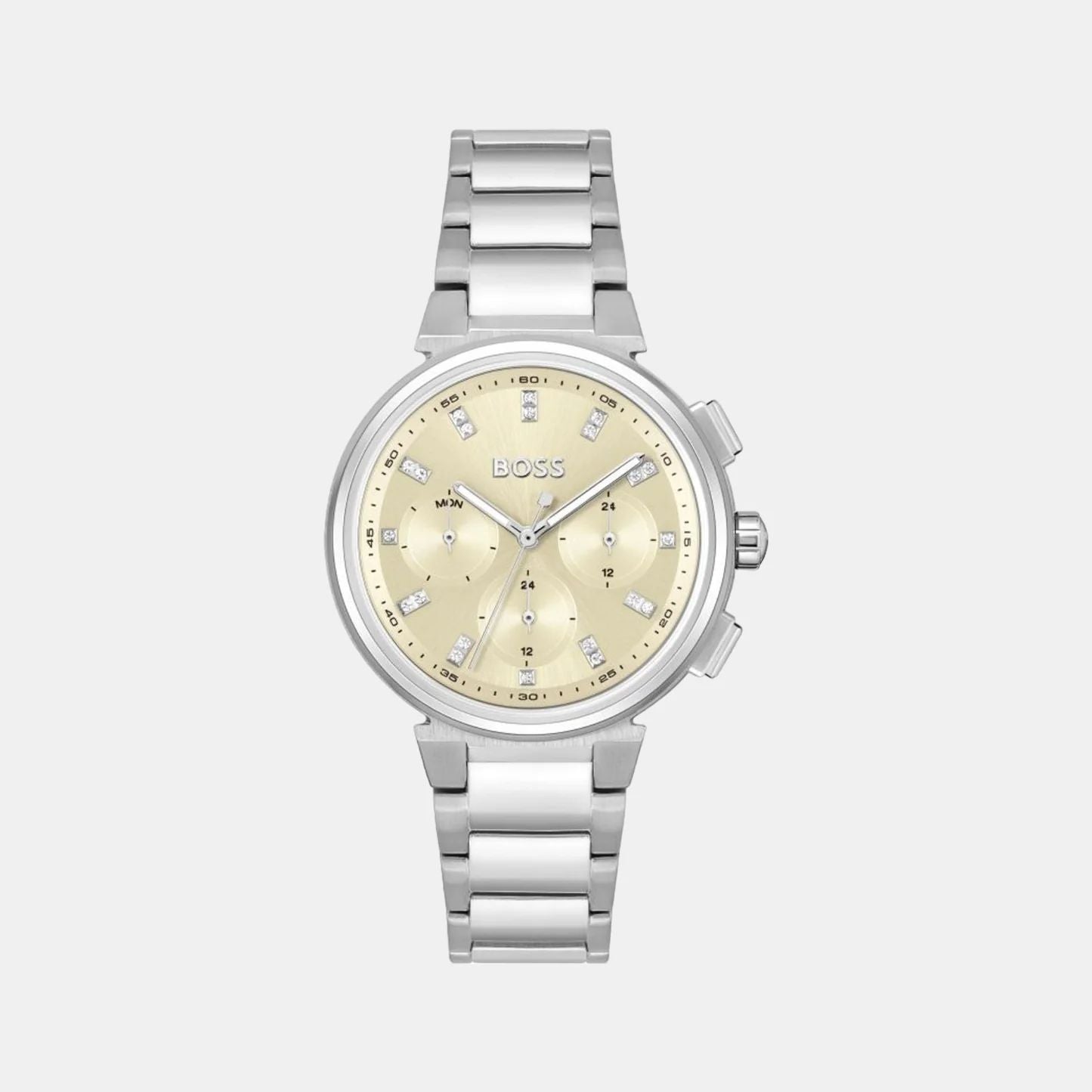 Boss 1502676 watch for women with a golden dial and stainless steel strap.