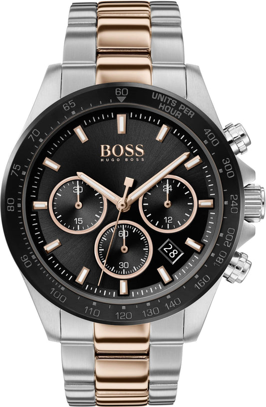 Boss 1513757 watch for man with a black dial and stainless steel strap.