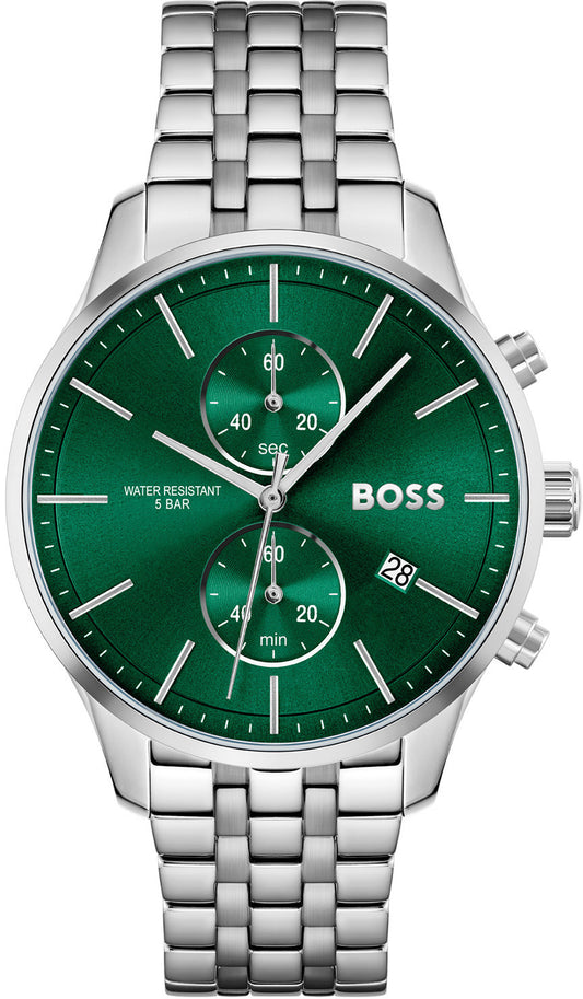 Boss 1513975 watch for man with a green dial and stainless steel strap.