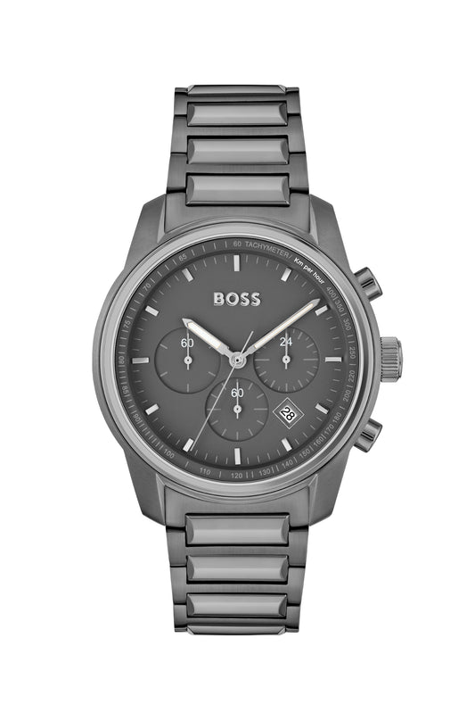 Boss 1514005 watch for man with a grey dial and stainless steel strap.