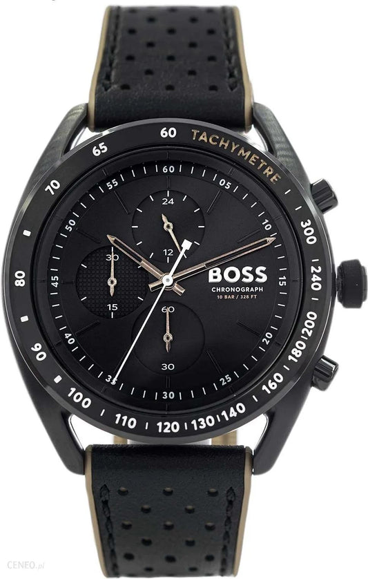 Hugo Boss 1514022 watch for man with a black dial and leather strap.