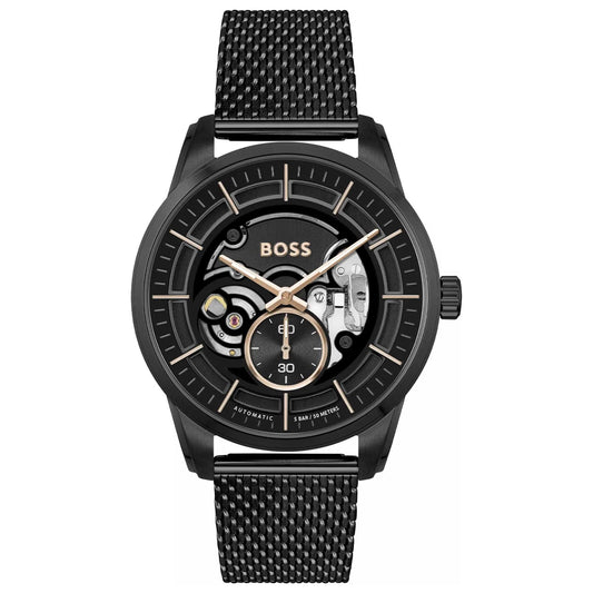Boss 1514035 watch for man with a black dial and stainless steel strap.