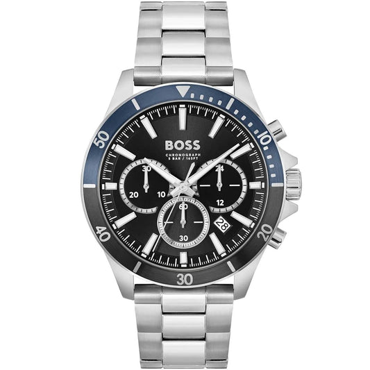 Boss 1514101 watch for man with a black dial and stainless steel strap.