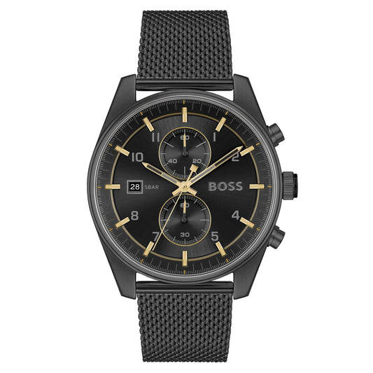 Boss 1514150 watch for man with a black dial and stainless steel strap.