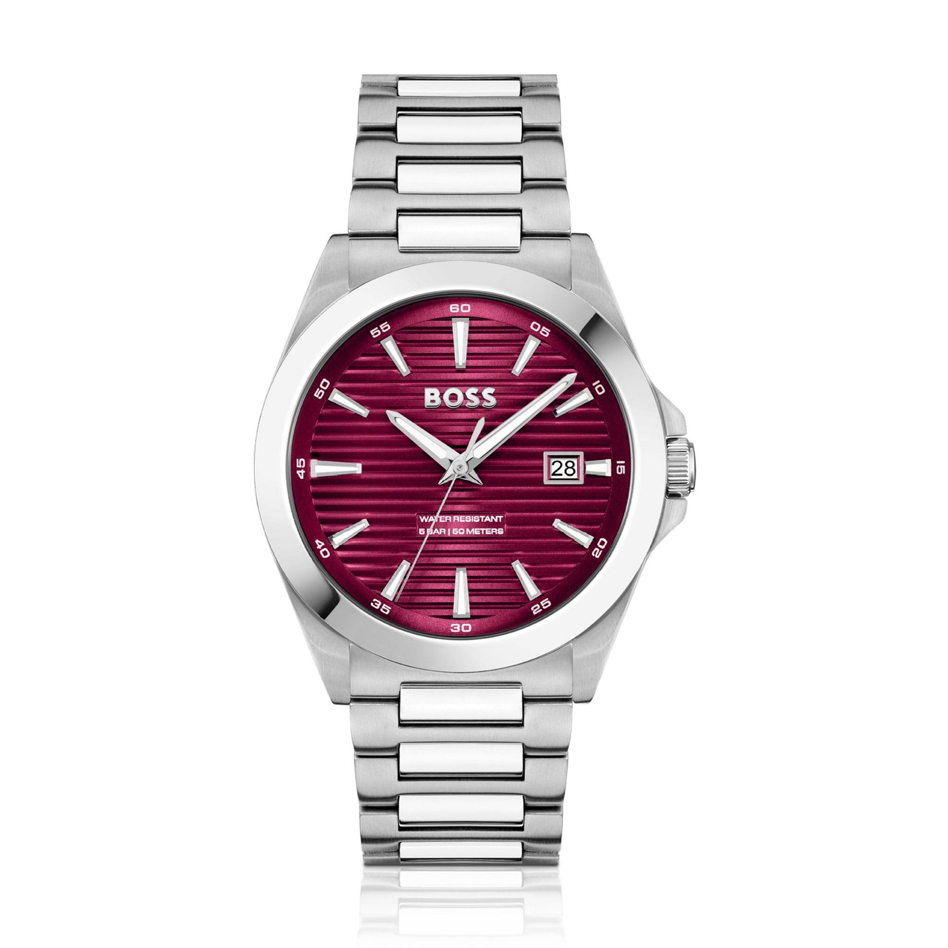 Boss 1514174 watch for man with a red dial and stainless steel strap.