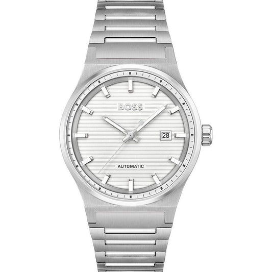 Boss 1514186 watch for man with a white dial and stainless steel strap.