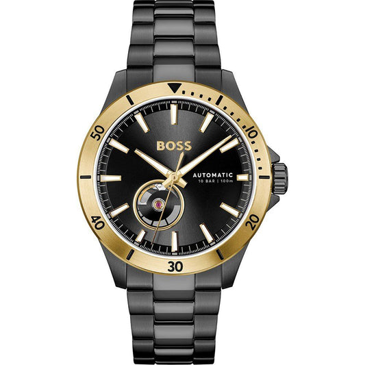 Boss 1514203 watch for man with a black dial and stainless steel strap.