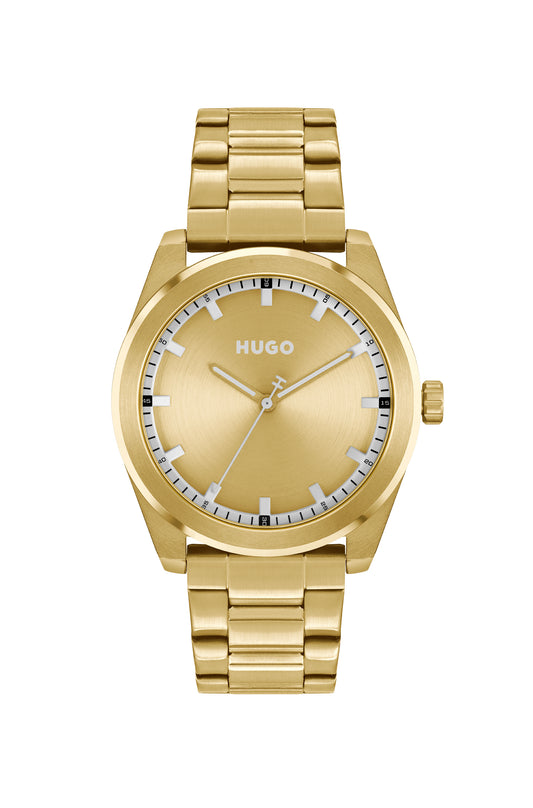 Hugo 1530354 watch for man with a golden dial and stainless steel strap.