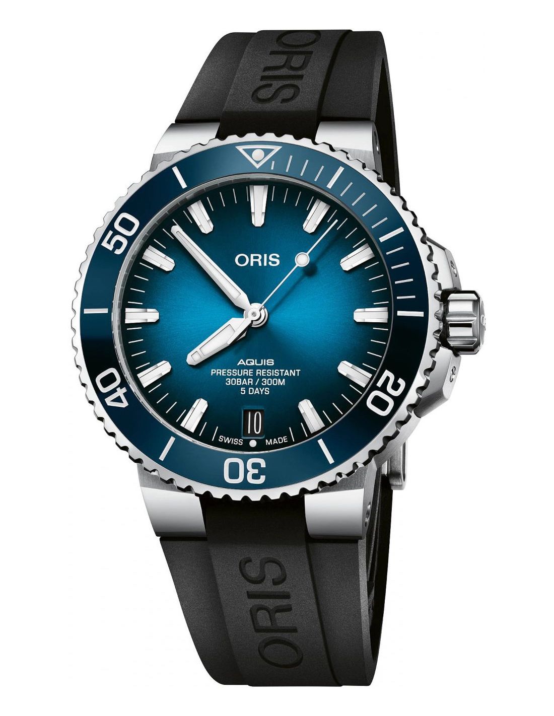 Oris 4135-07-4-24-74EB watch for man with a blue dial and rubber strap.