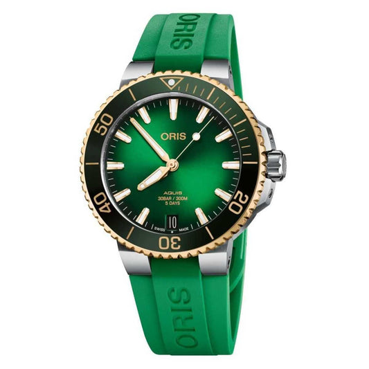 Oris 6357-07-4-22-77FC watch for man with a green dial and rubber strap.