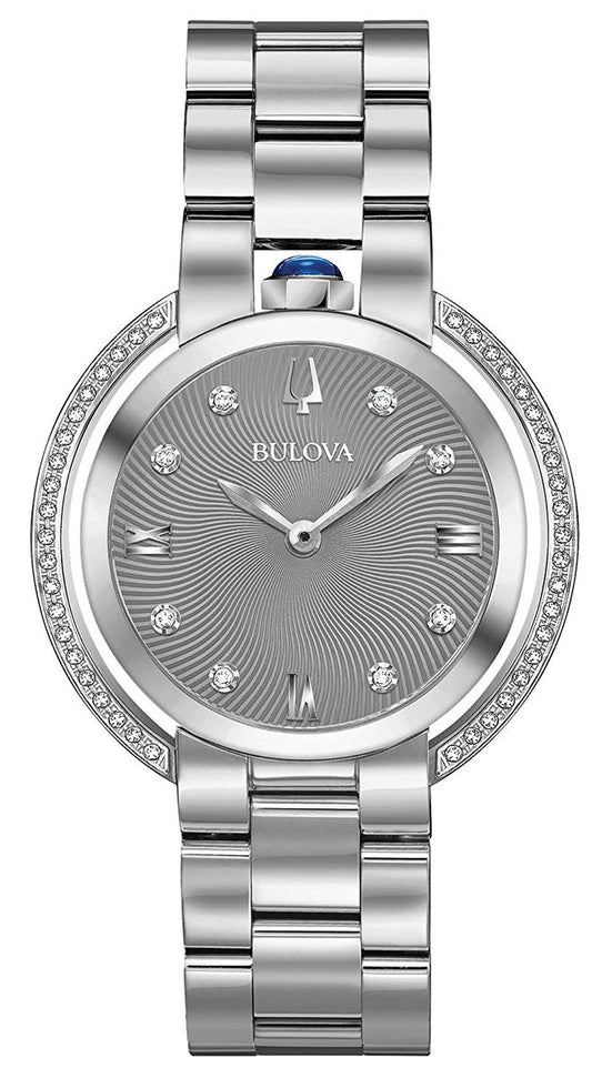 Bulova 96R219 watch for women with a grey dial and stainless steel strap.