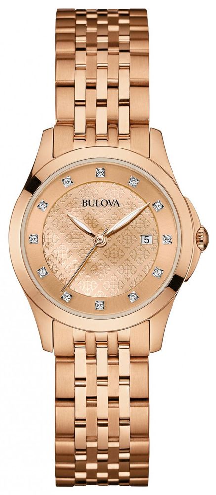 Bulova 97S112 watch for women with a pink dial and stainless steel strap.