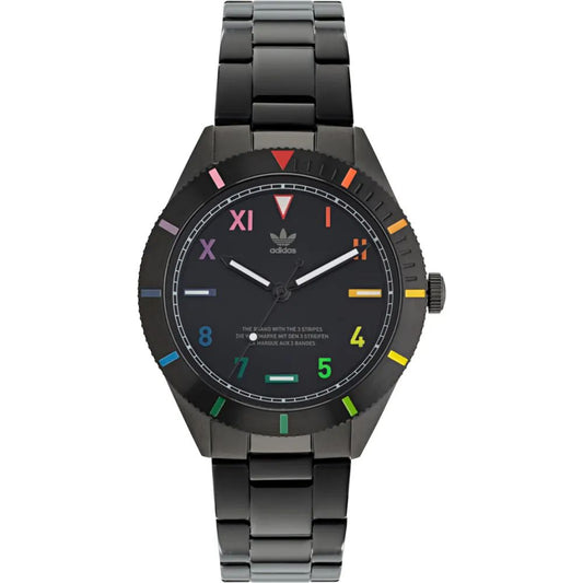 Adidas AOFH22056 watch for unisex with a black dial and stainless steel strap.