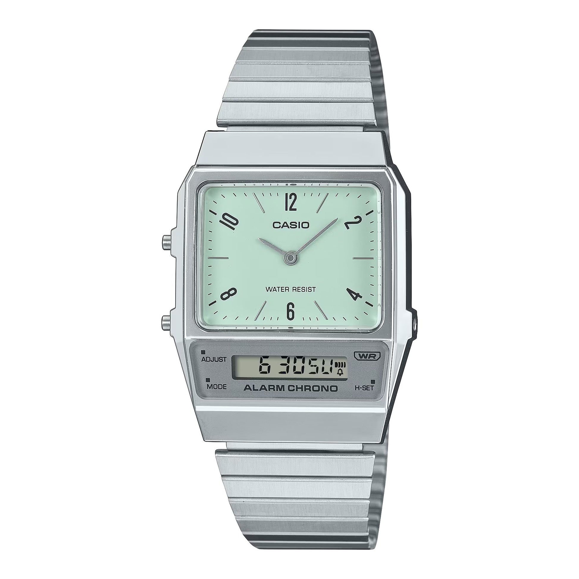 Casio AQ-800E-3AEF watch for unisex with a green dial and stainless steel strap.