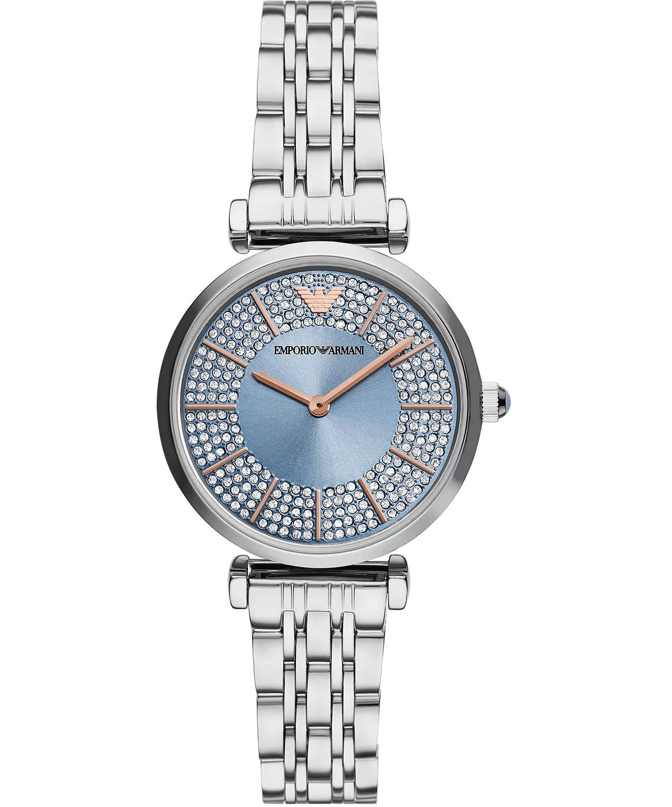 Armani AR11594 watch for women with a blue dial and stainless steel strap.