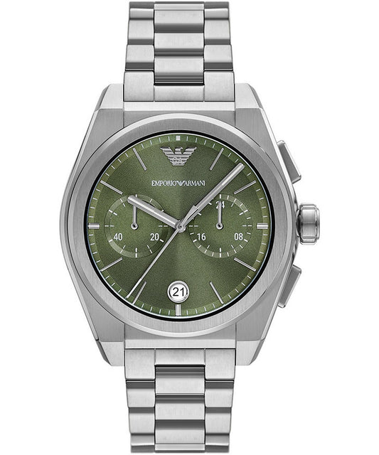 Armani AR11640 watch for man with a green dial and stainless steel strap.