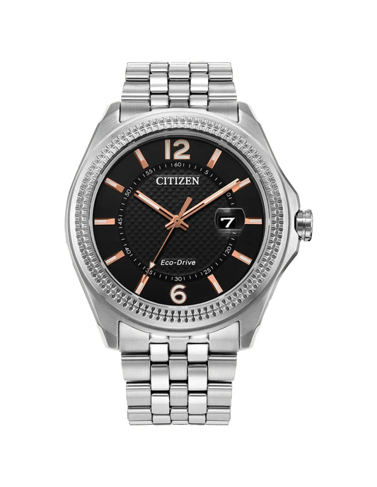 Citizen AW1740-54H watch for man with a black dial and stainless steel strap.